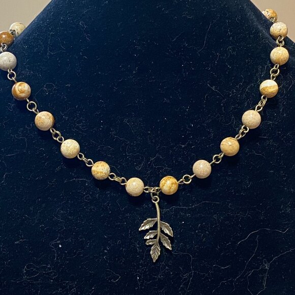 Genuine Yellow Picture Jasper Short Necklace, Bronze Leaf Branch Charm +Gemstone - Picture 3 of 15